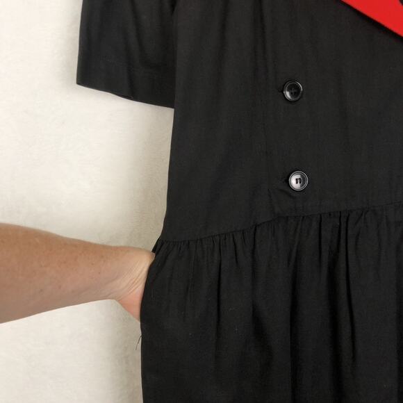 VTG NAYA 1980s Drop Waist Midi Dress Sz S Black Red 100% Cotton Button Pockets - Picture 11 of 12